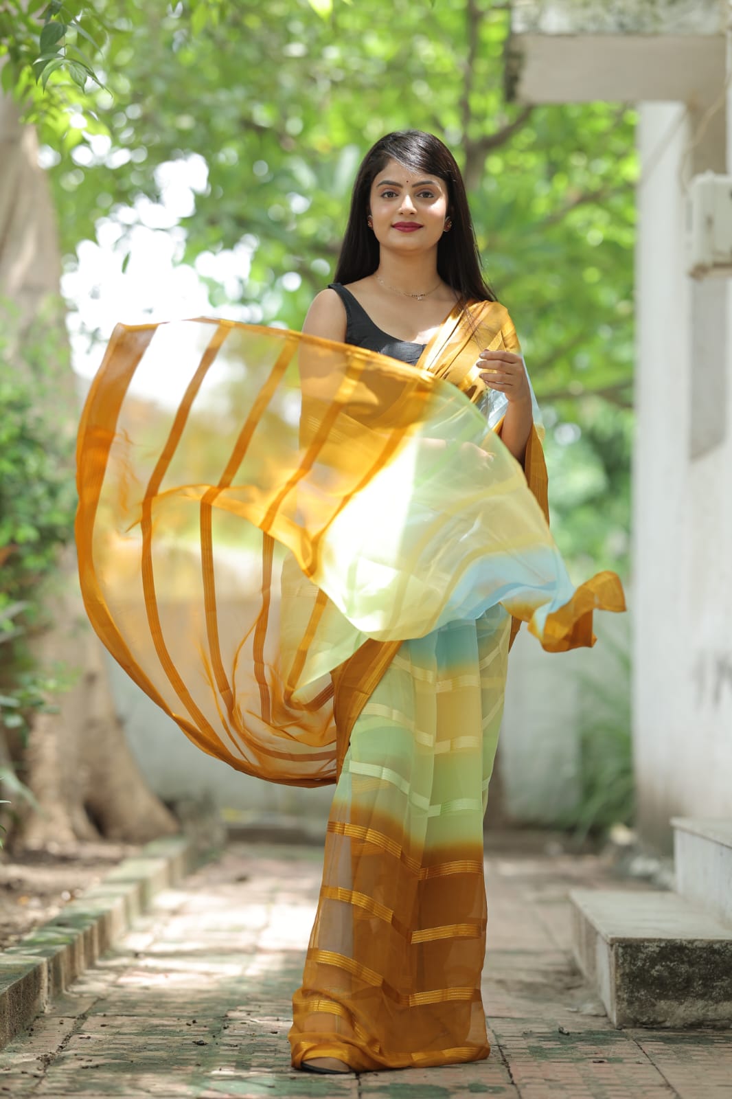 Satin Strip Mustard Color Shading Ready To Wear Saree