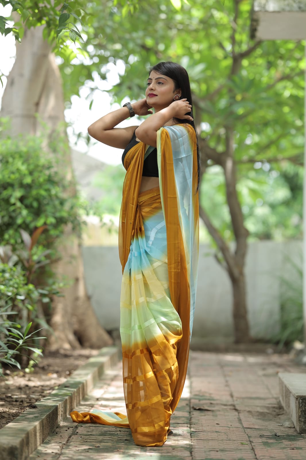 Satin Strip Mustard Color Shading Ready To Wear Saree