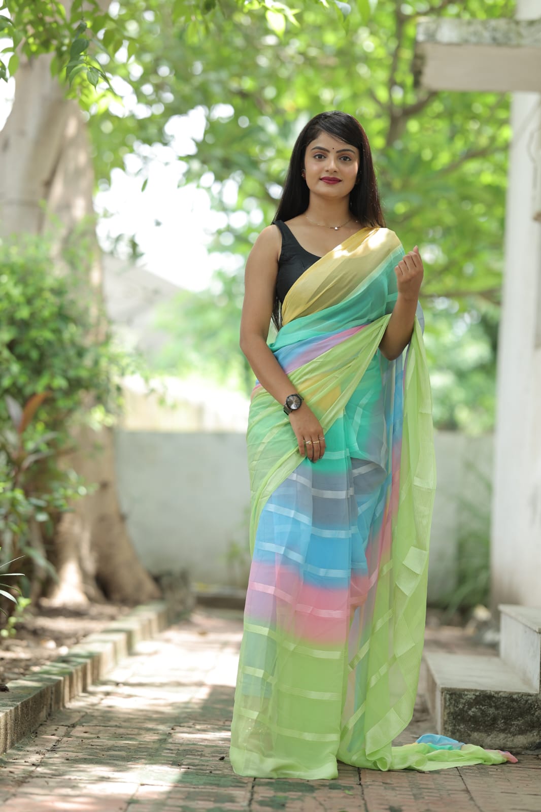 Satin Strip Parrot Green Color Shading Ready To Wear Saree