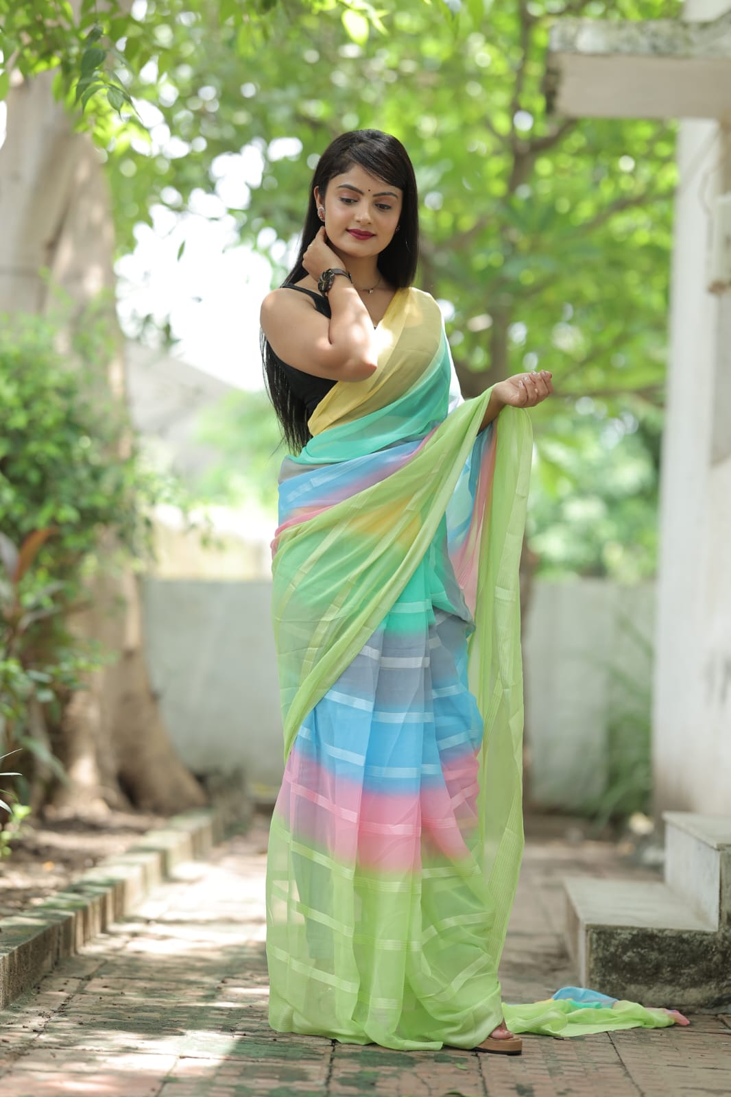 Satin Strip Parrot Green Color Shading Ready To Wear Saree