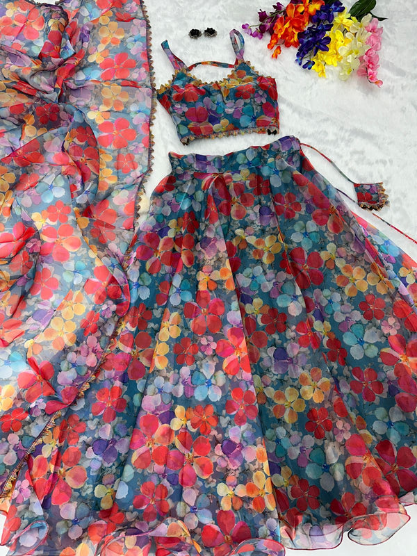 Flower Design Multi Color Organza Lehenga Choli
