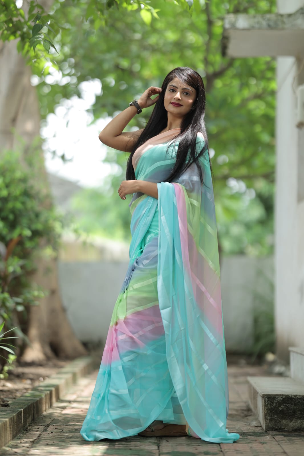 Satin Strip Sky Blue Color Shading Ready To Wear Saree