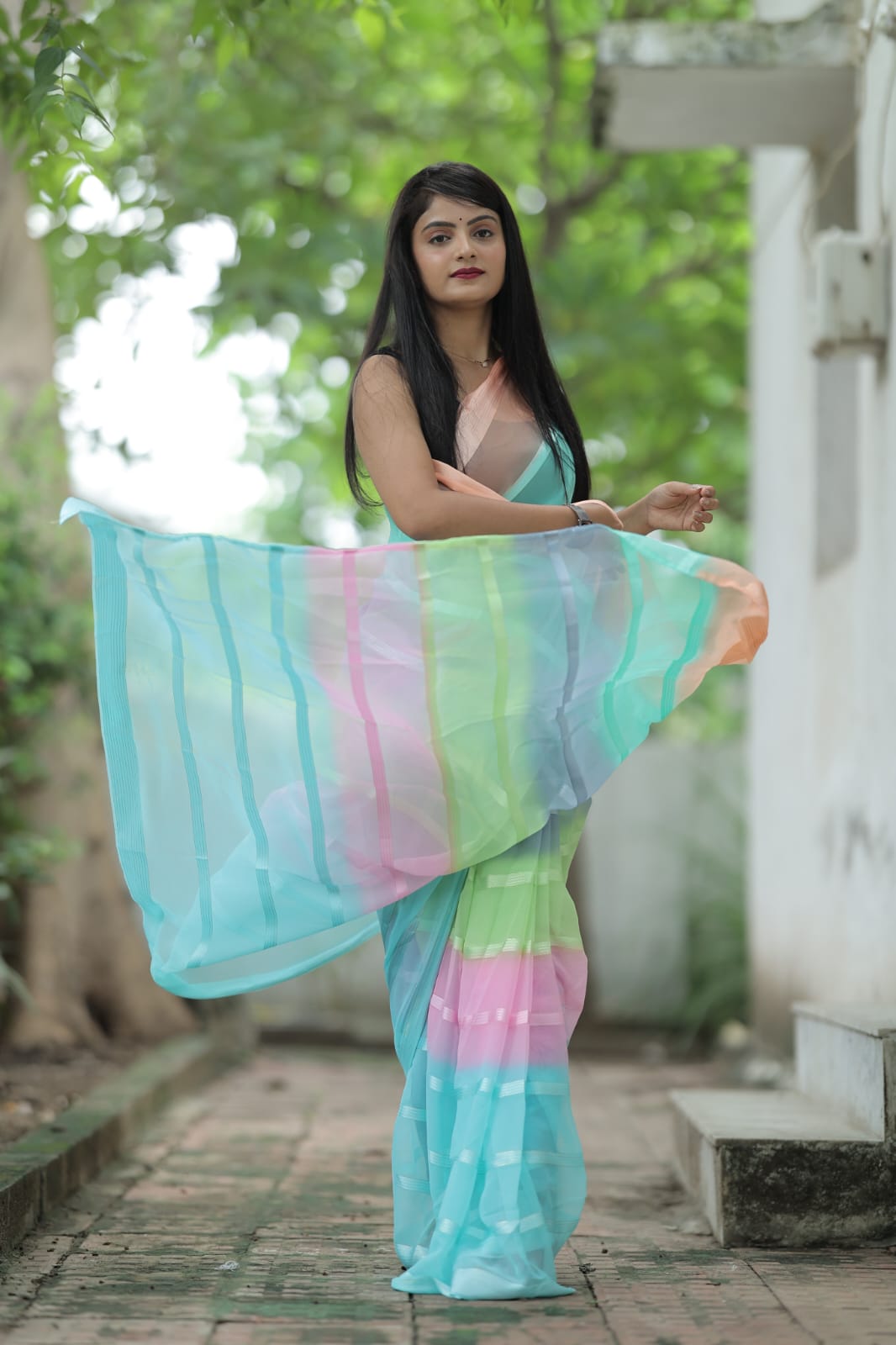 Satin Strip Sky Blue Color Shading Ready To Wear Saree