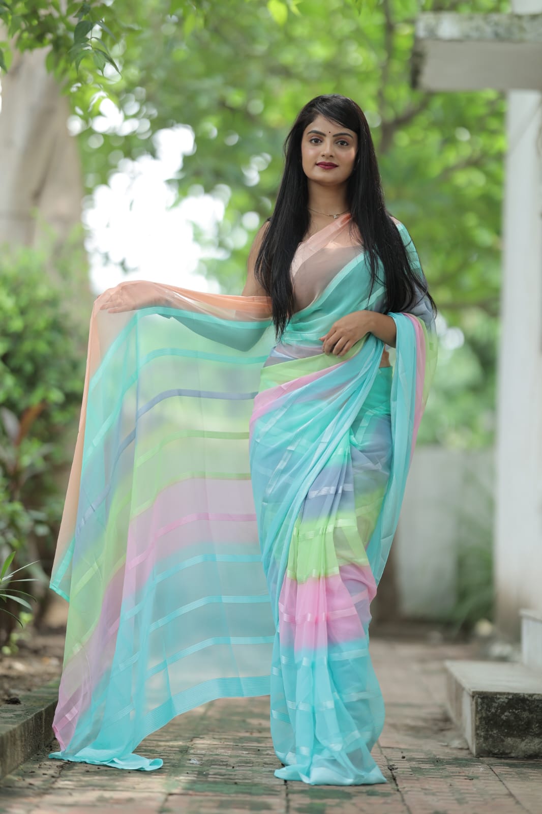 Satin Strip Sky Blue Color Shading Ready To Wear Saree