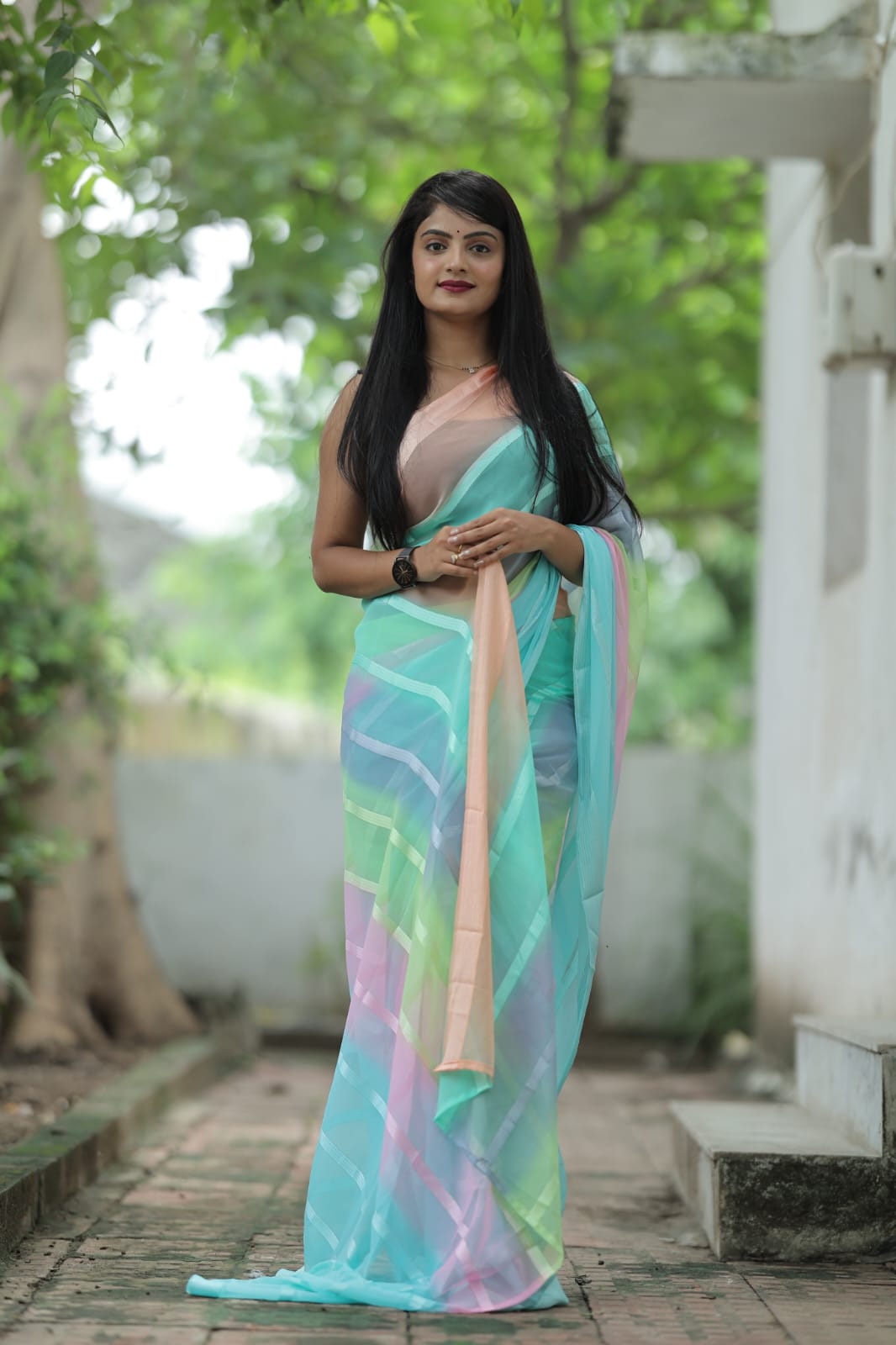 Satin Strip Sky Blue Color Shading Ready To Wear Saree