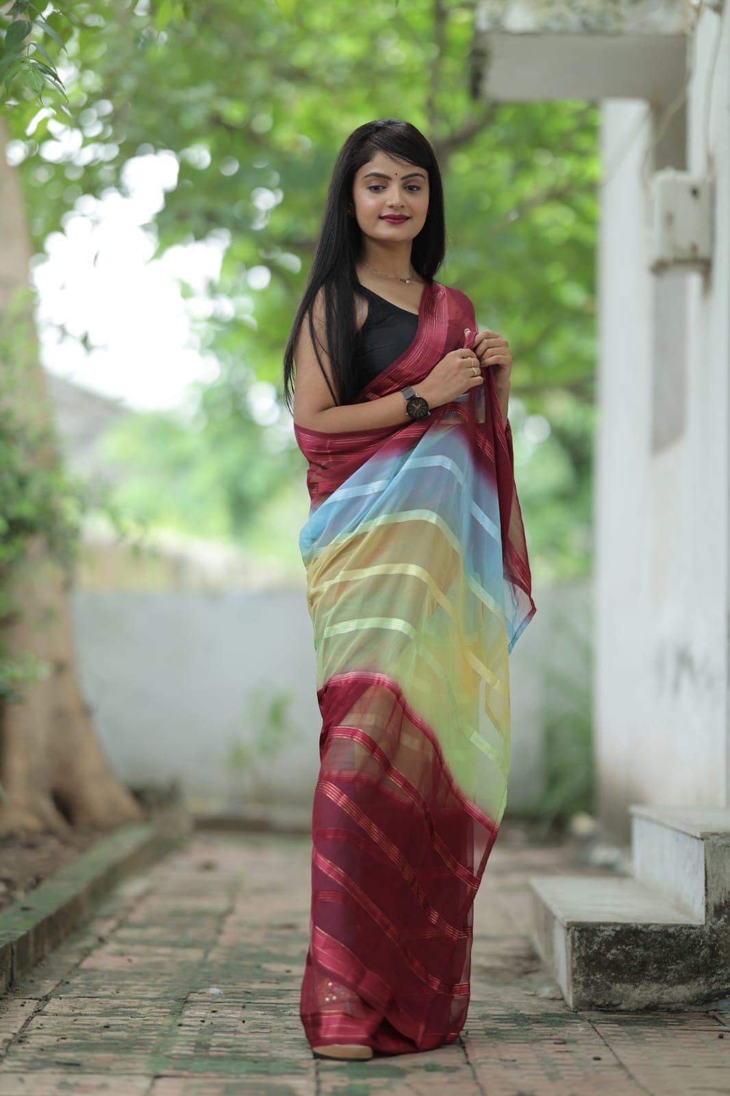 Satin Strip Maroon Color Shading Ready To Wear Saree