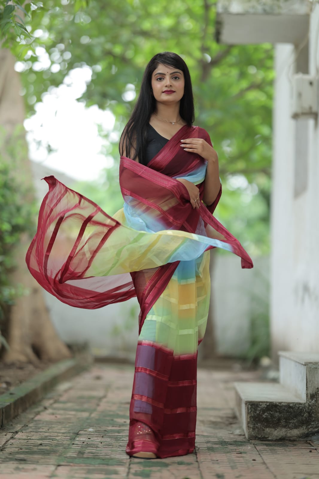 Satin Strip Maroon Color Shading Ready To Wear Saree