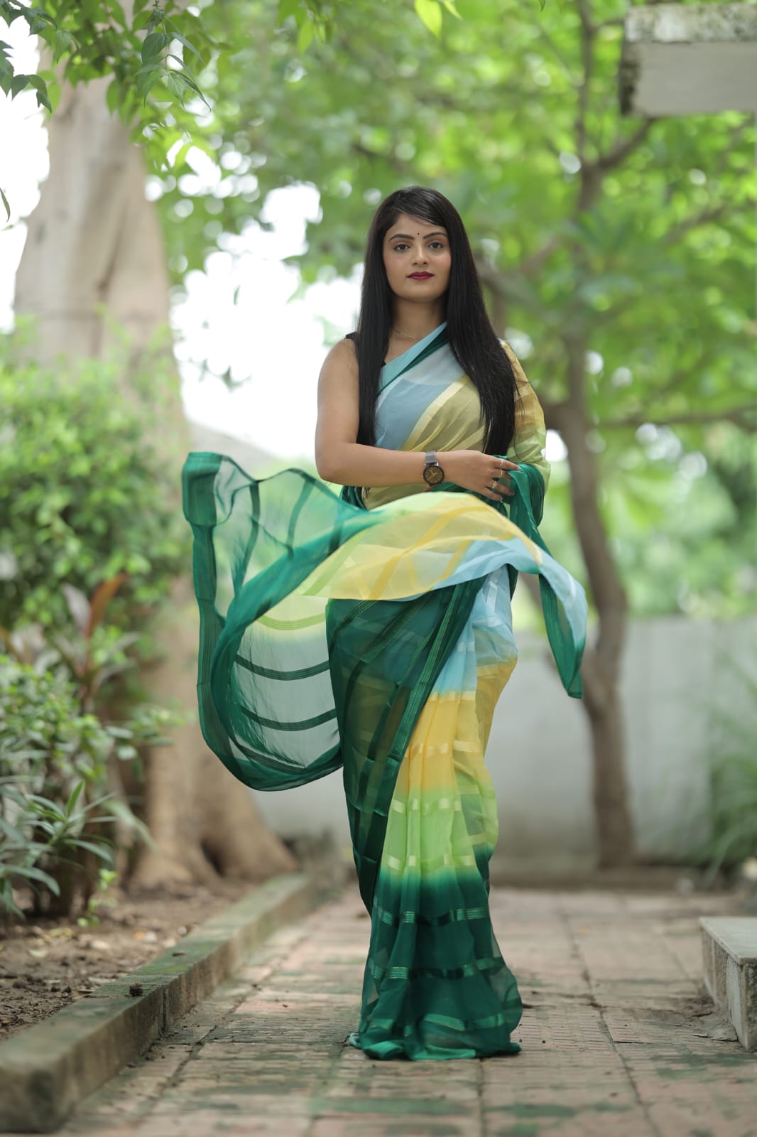 Satin Strip Green Color Shading Ready To Wear Saree