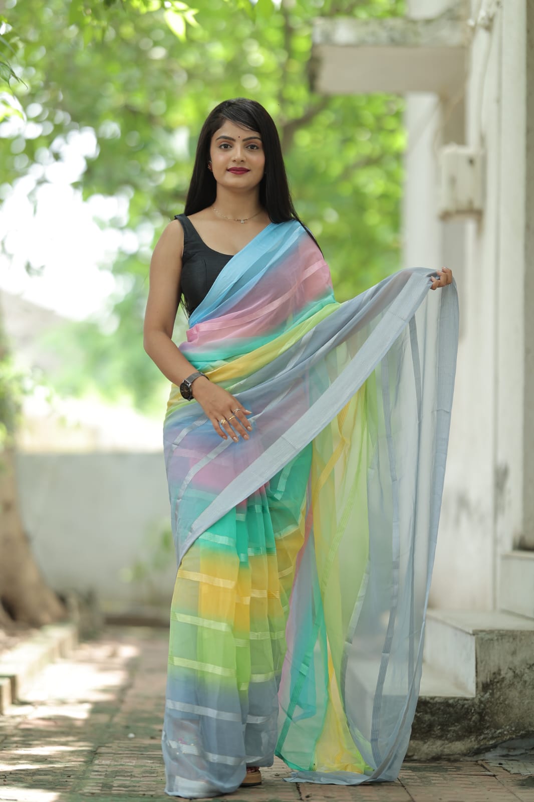 Satin Strip Light Gray Color Shading Ready To Wear Saree