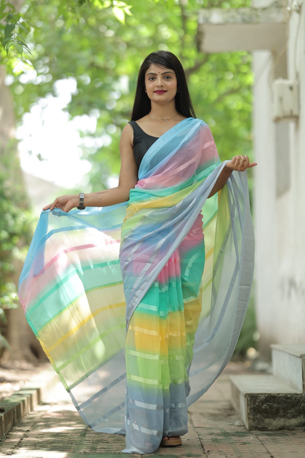 Satin Strip Light Gray Color Shading Ready To Wear Saree