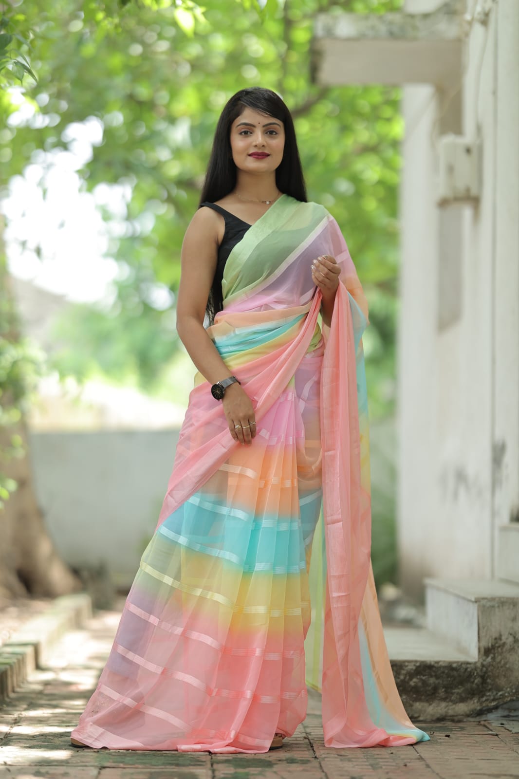 Satin Strip Pink Color Shading Ready To Wear Saree