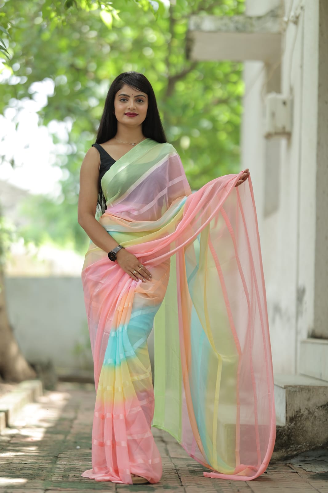 Satin Strip Pink Color Shading Ready To Wear Saree