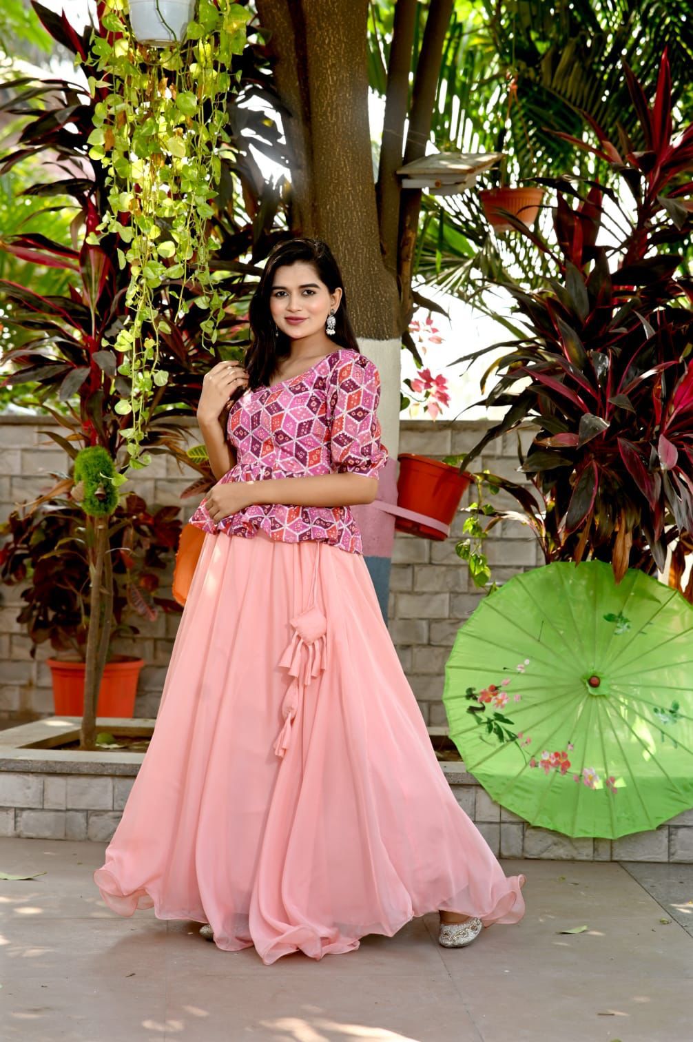 Function Wear Peach Lehenga With Kediya Pattern Top