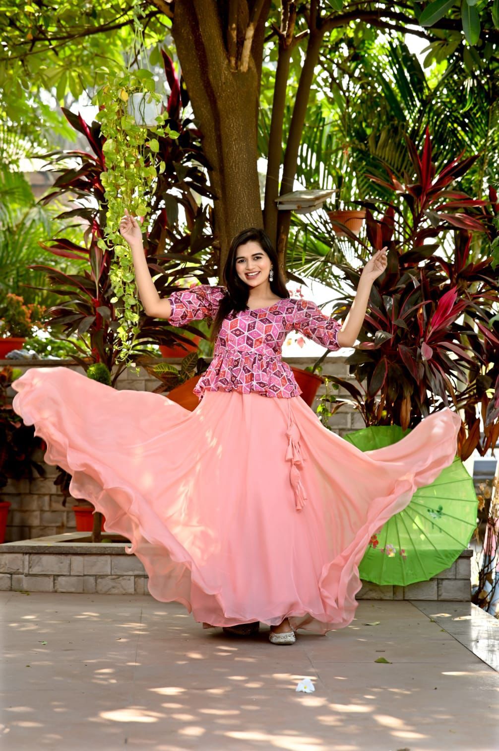 Function Wear Peach Lehenga With Kediya Pattern Top