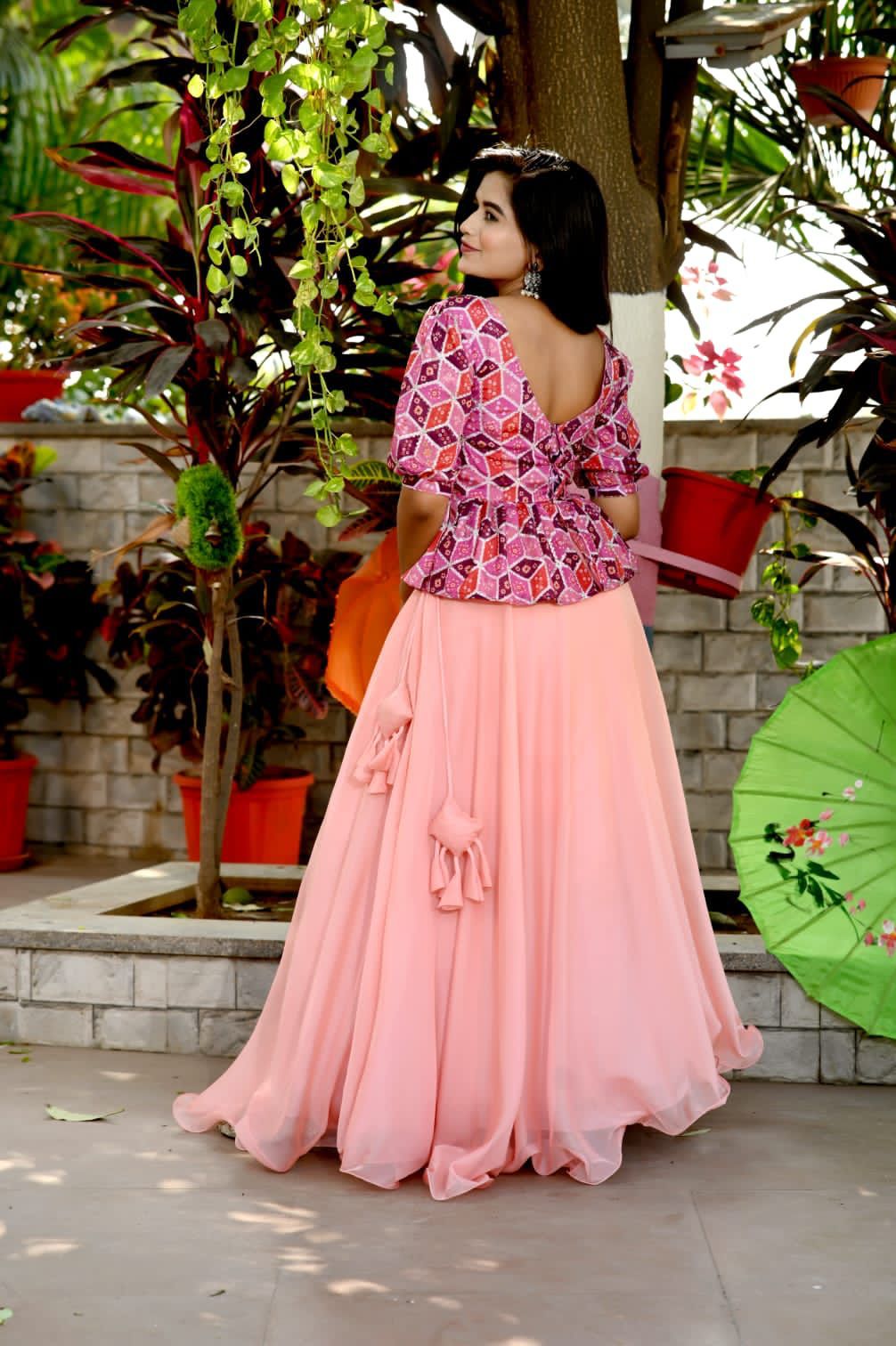 Function Wear Peach Lehenga With Kediya Pattern Top