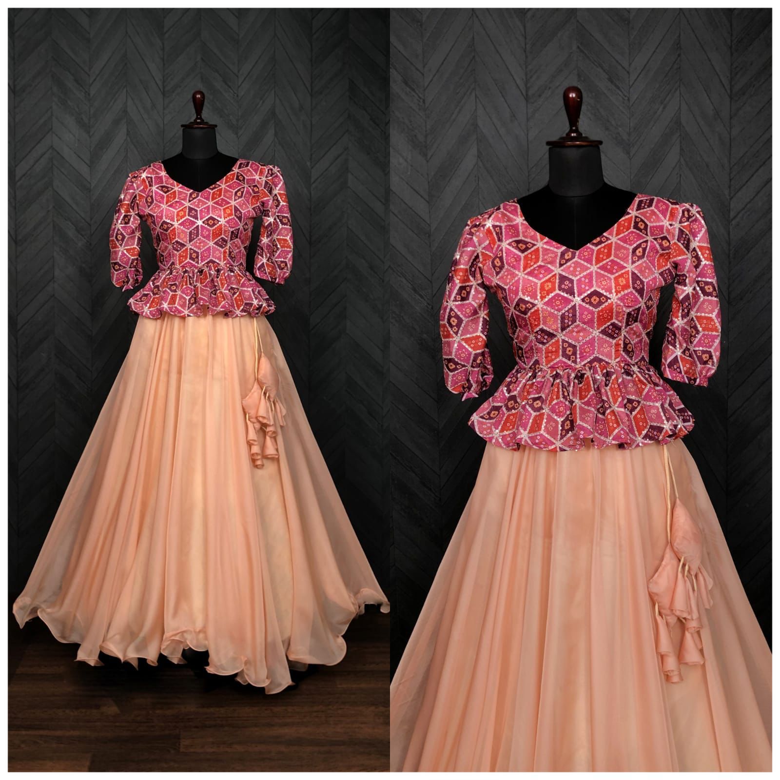 Function Wear Peach Lehenga With Kediya Pattern Top