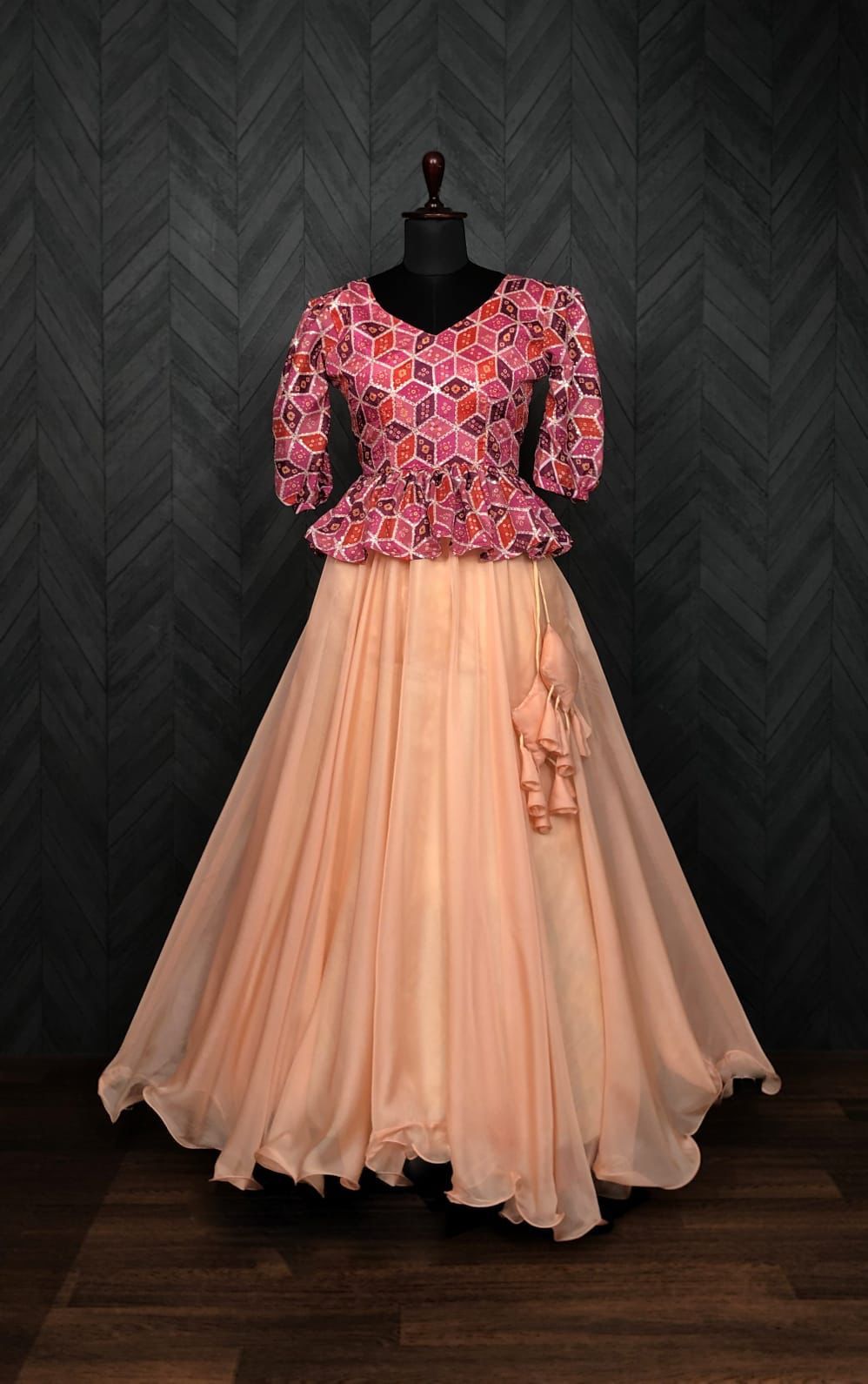 Function Wear Peach Lehenga With Kediya Pattern Top