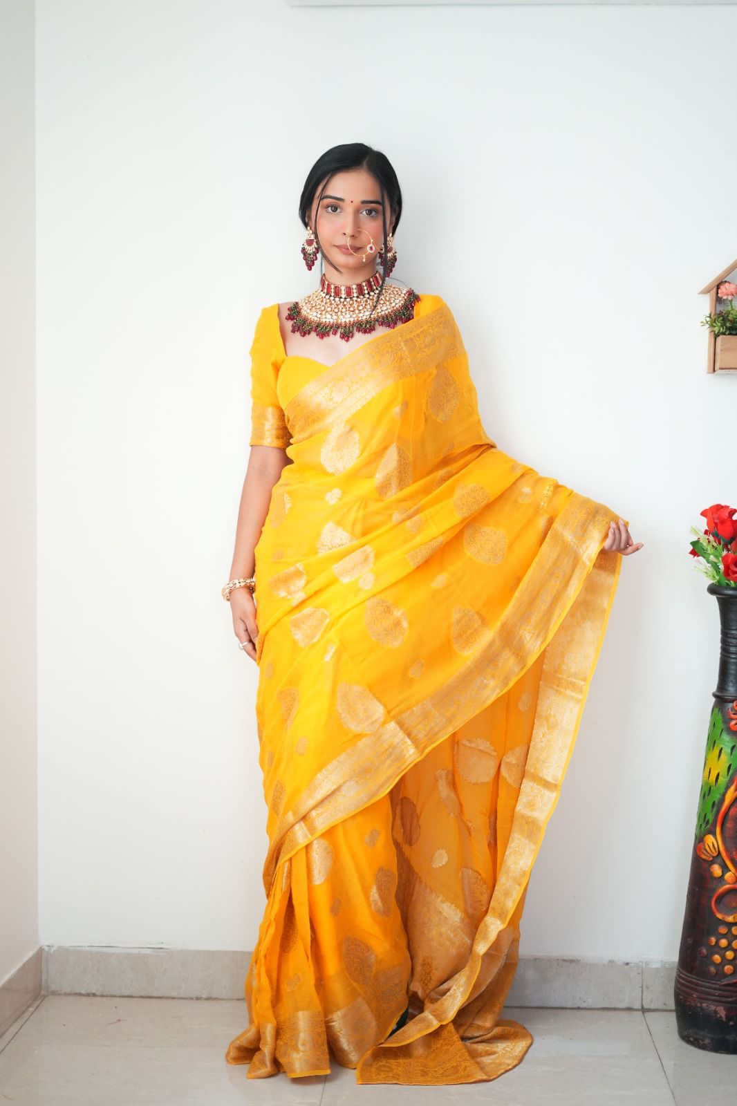 Haldi Ceremony Wear Yellow Color Ready To Wear Saree