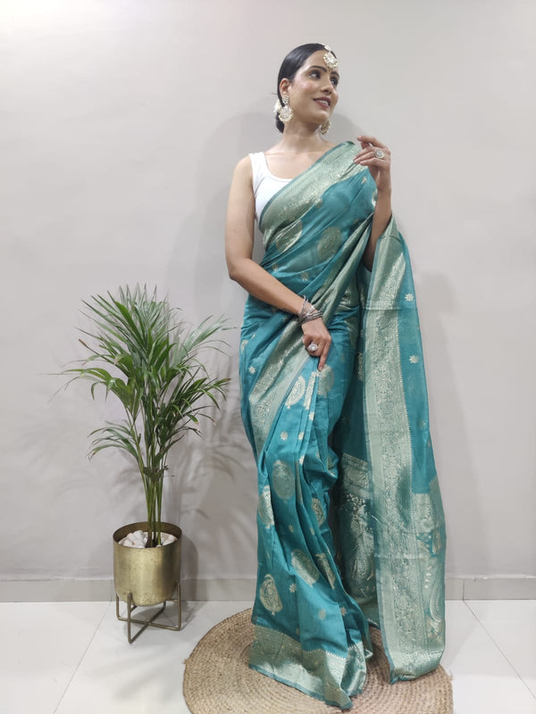 Ready To Wear Copper Jari Teal Blue Color Saree