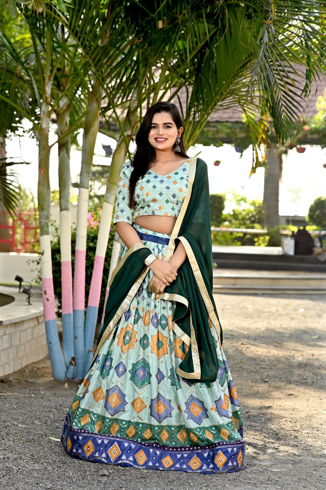 Festive Wear Pista Green Color Print Work Lehenga Choli