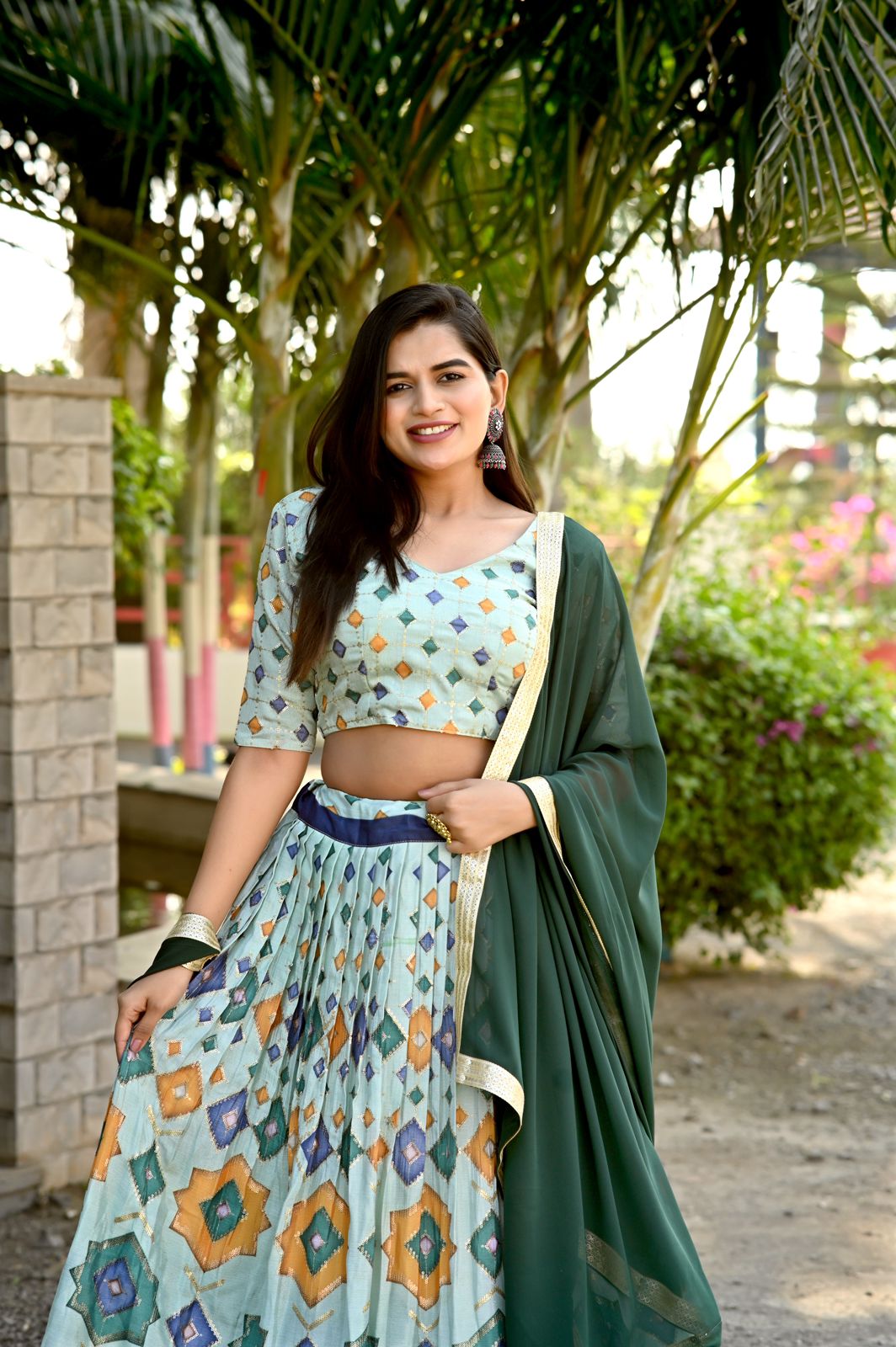 Festive Wear Pista Green Color Print Work Lehenga Choli