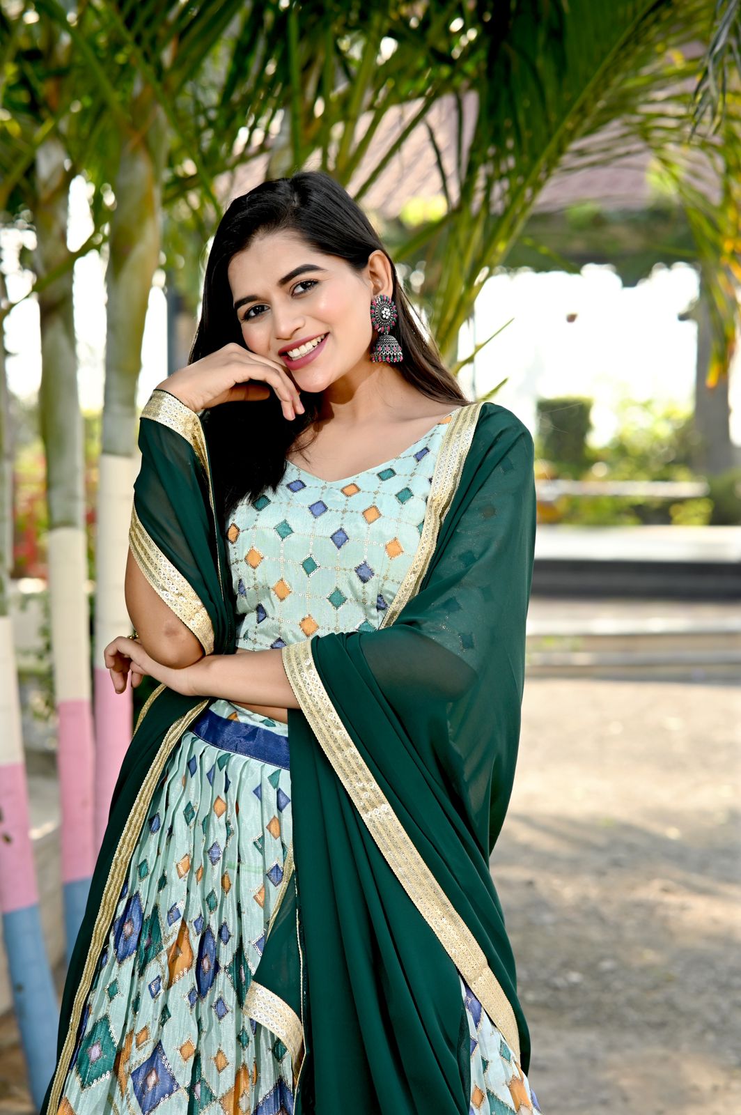 Festive Wear Pista Green Color Print Work Lehenga Choli