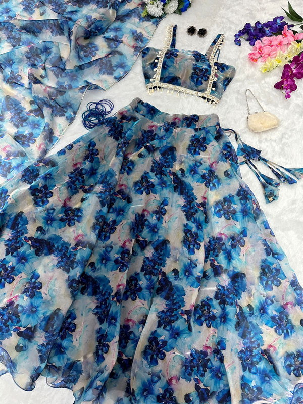 Gorgeous Blue Color Flower Print Organza Silk Lehenga Choli