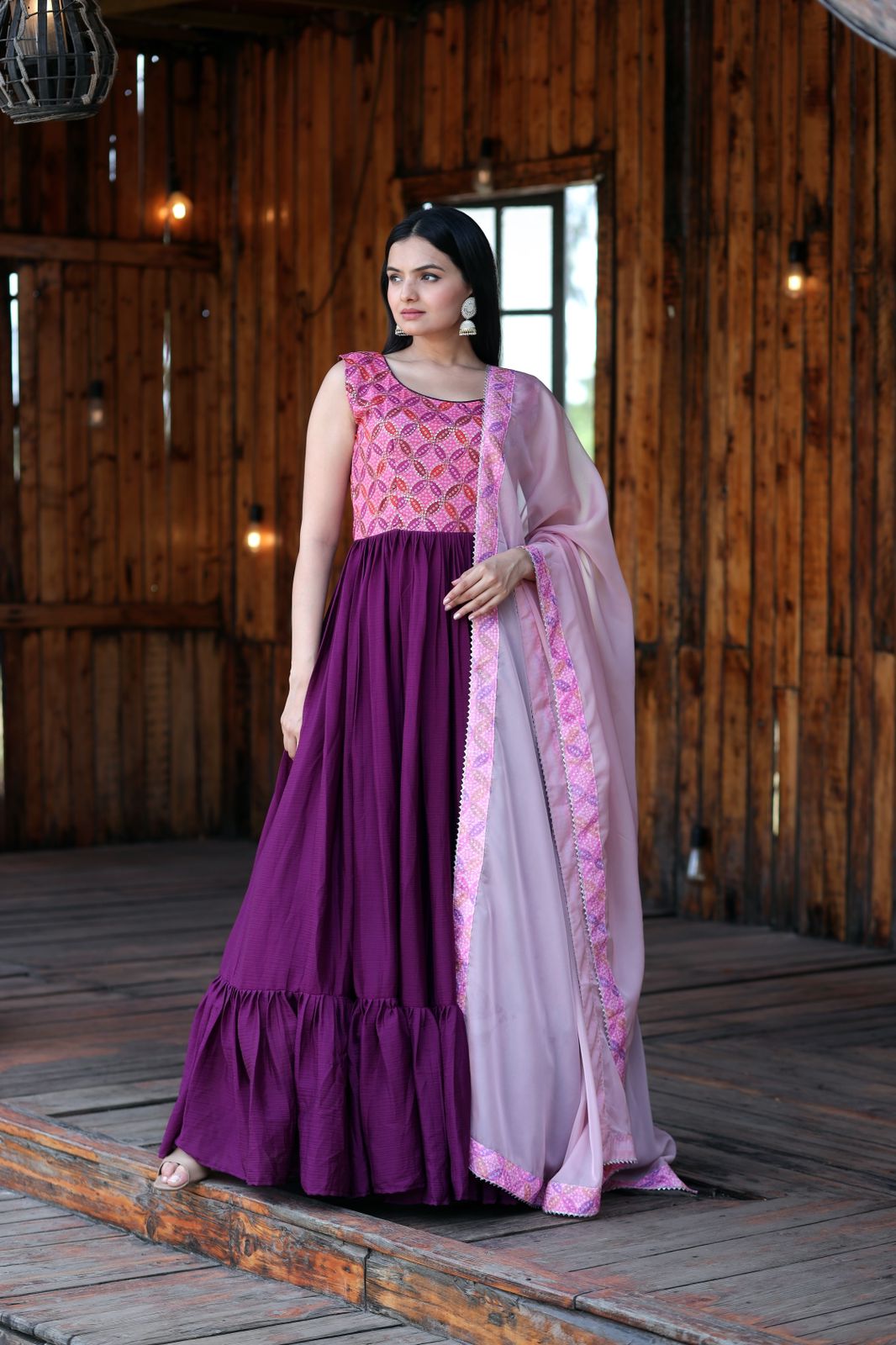 Fabulous Wine Color Print Work Gown With Dupatta