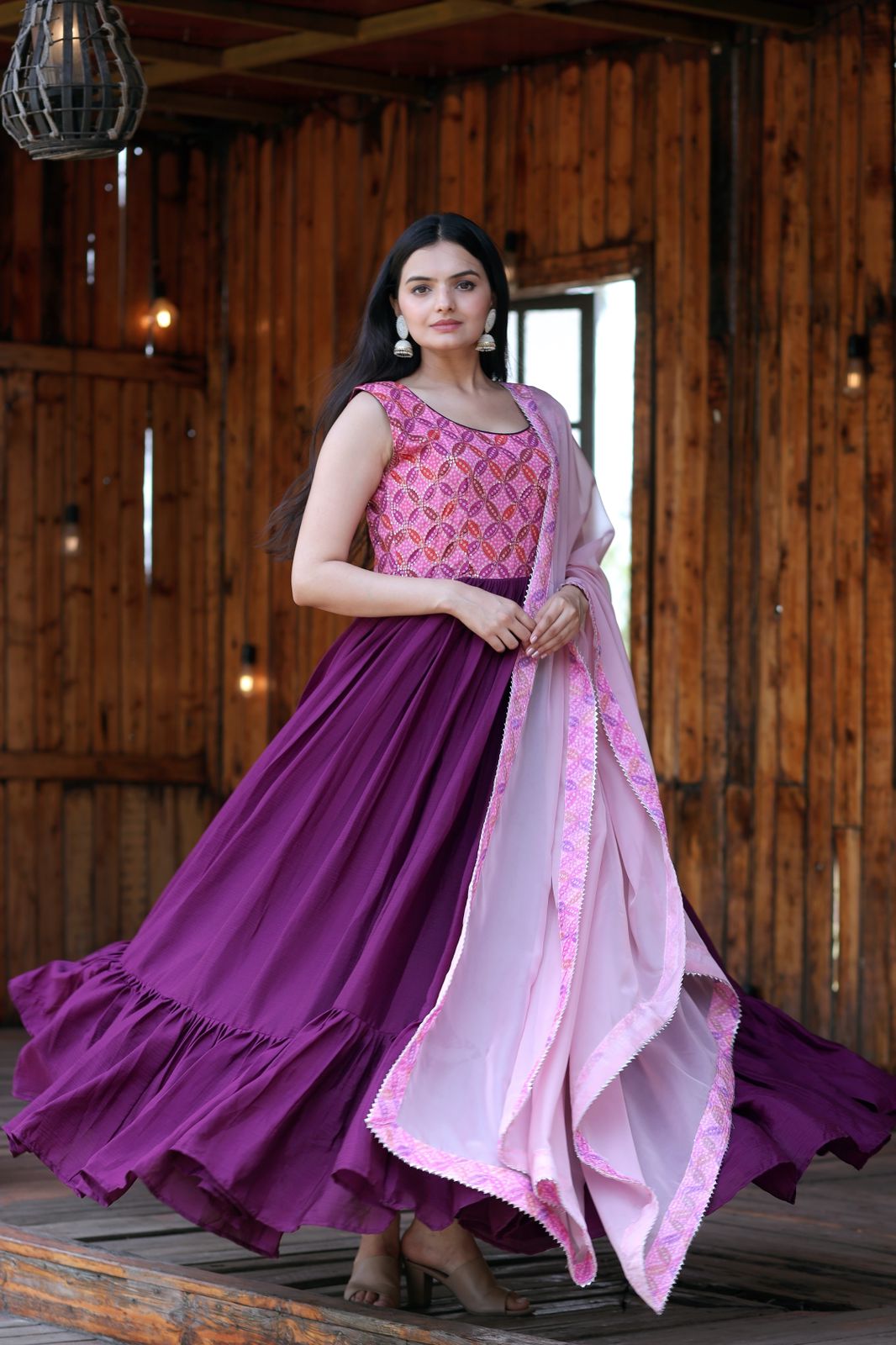 Fabulous Wine Color Print Work Gown With Dupatta