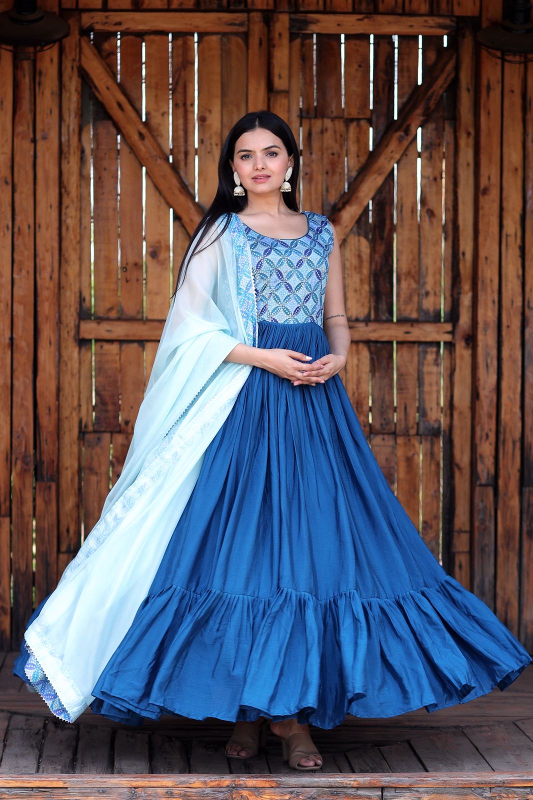 Fabulous Blue Color Print Work Gown With Dupatta