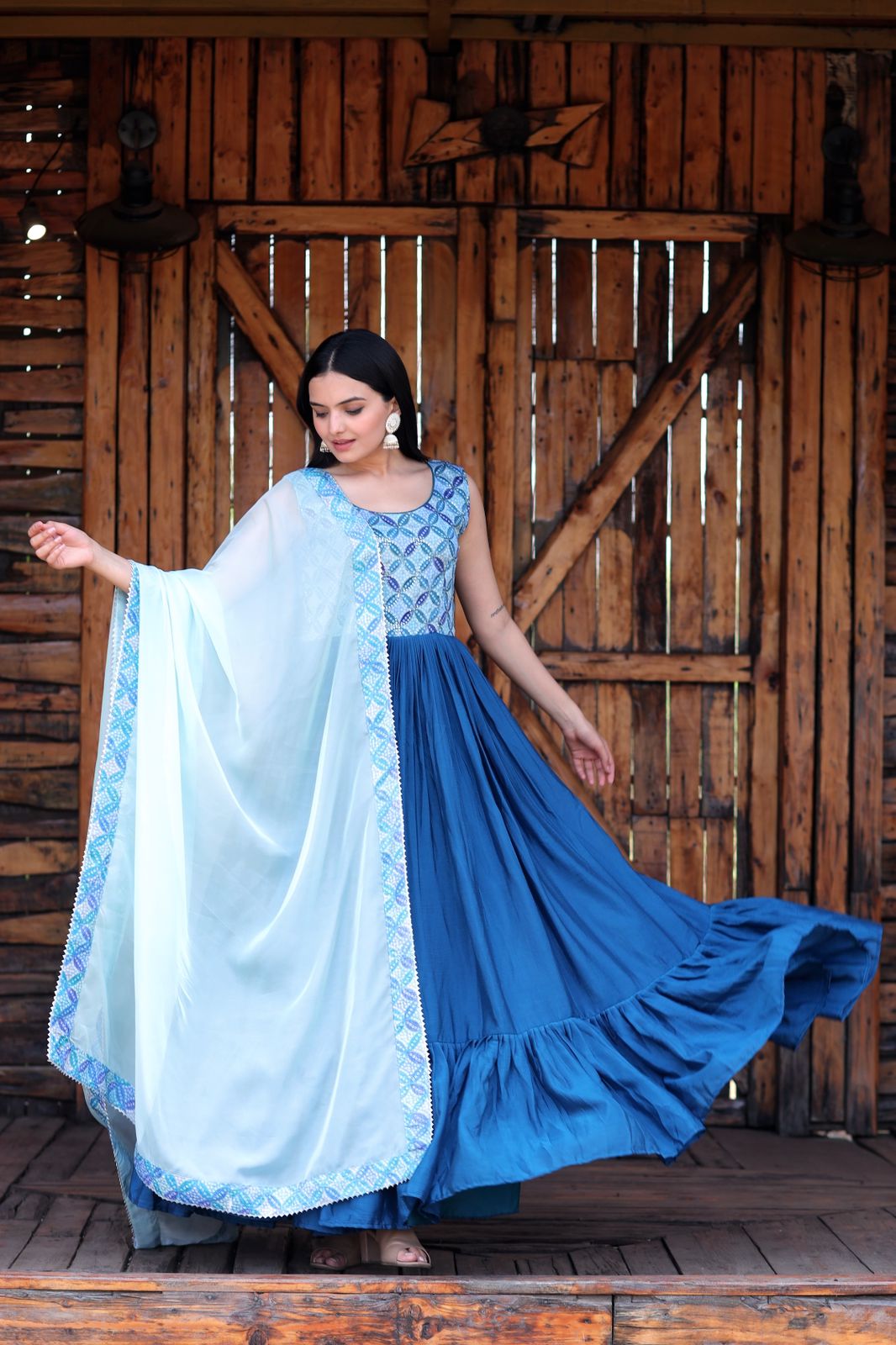 Fabulous Blue Color Print Work Gown With Dupatta