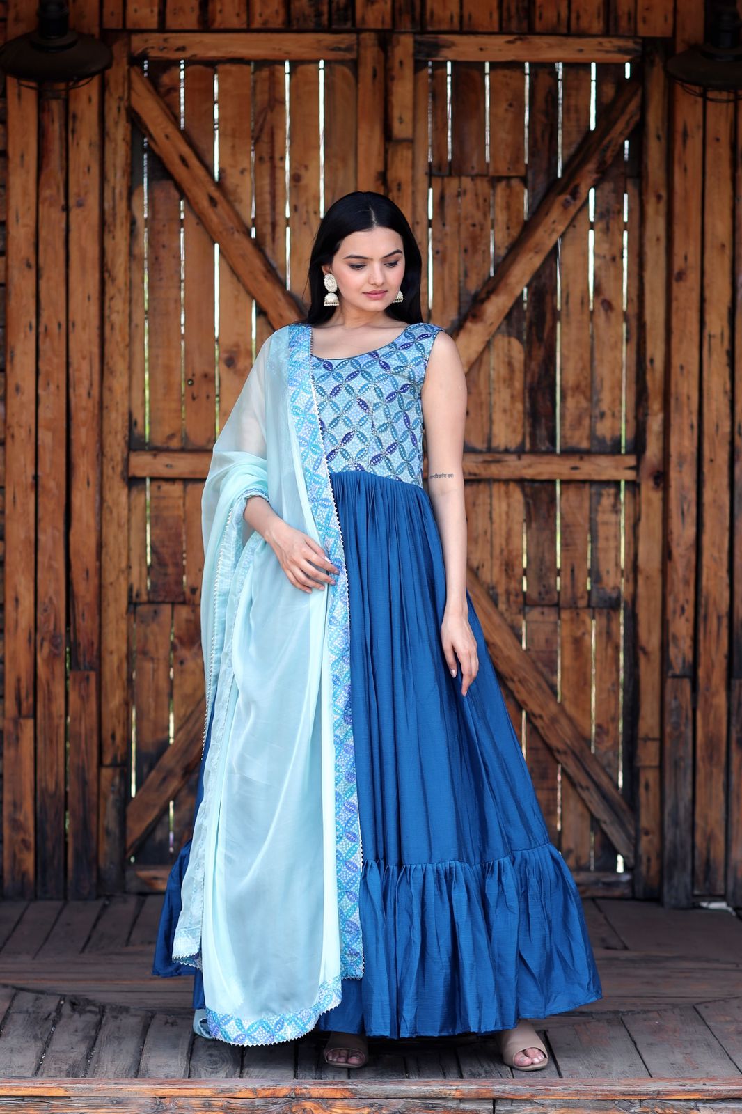 Fabulous Blue Color Print Work Gown With Dupatta