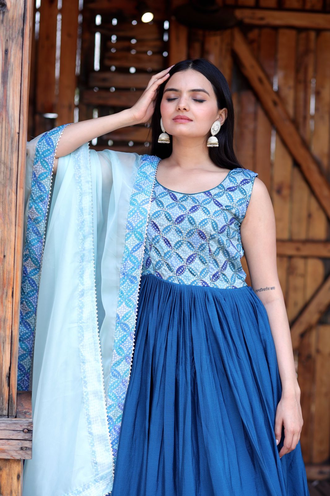 Fabulous Blue Color Print Work Gown With Dupatta