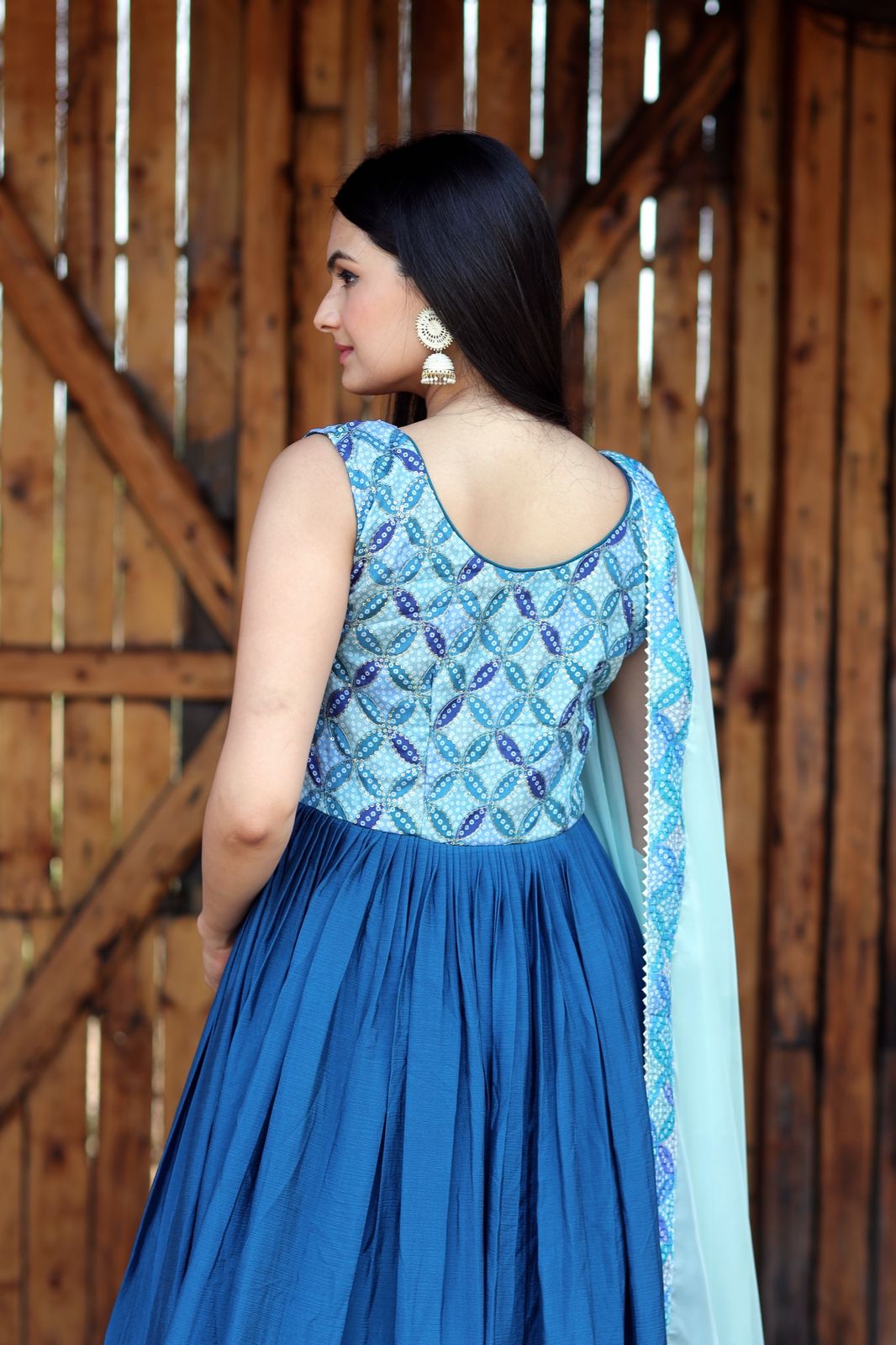 Fabulous Blue Color Print Work Gown With Dupatta