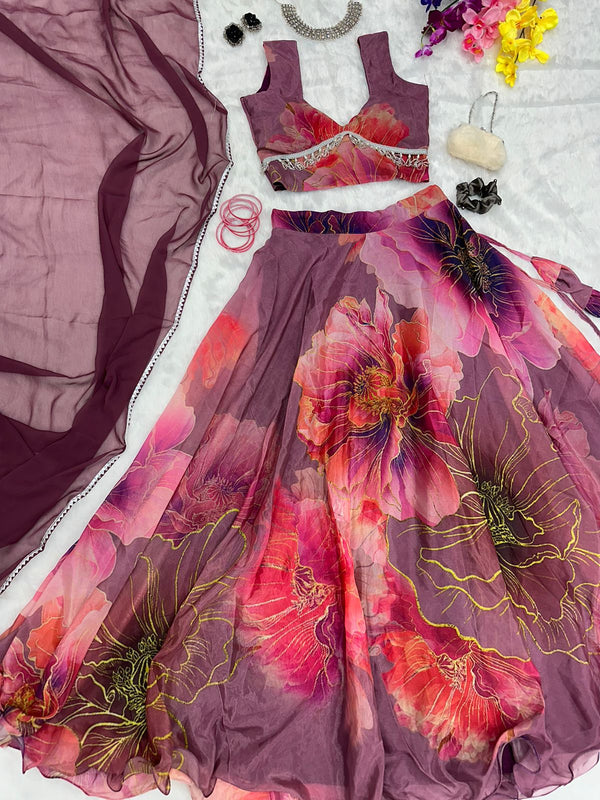 Outstanding Wine Color Organza Silk Lehenga Choli