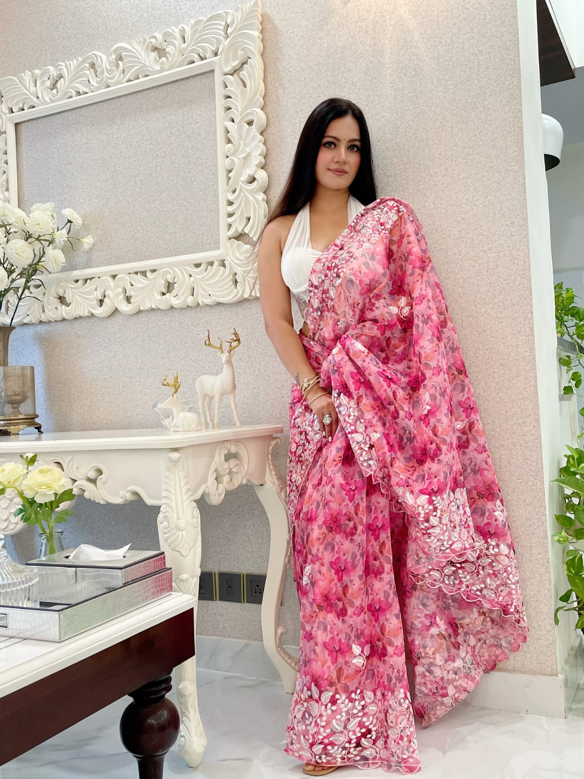 Exclusive Pink With Multi Print Organza Silk Saree