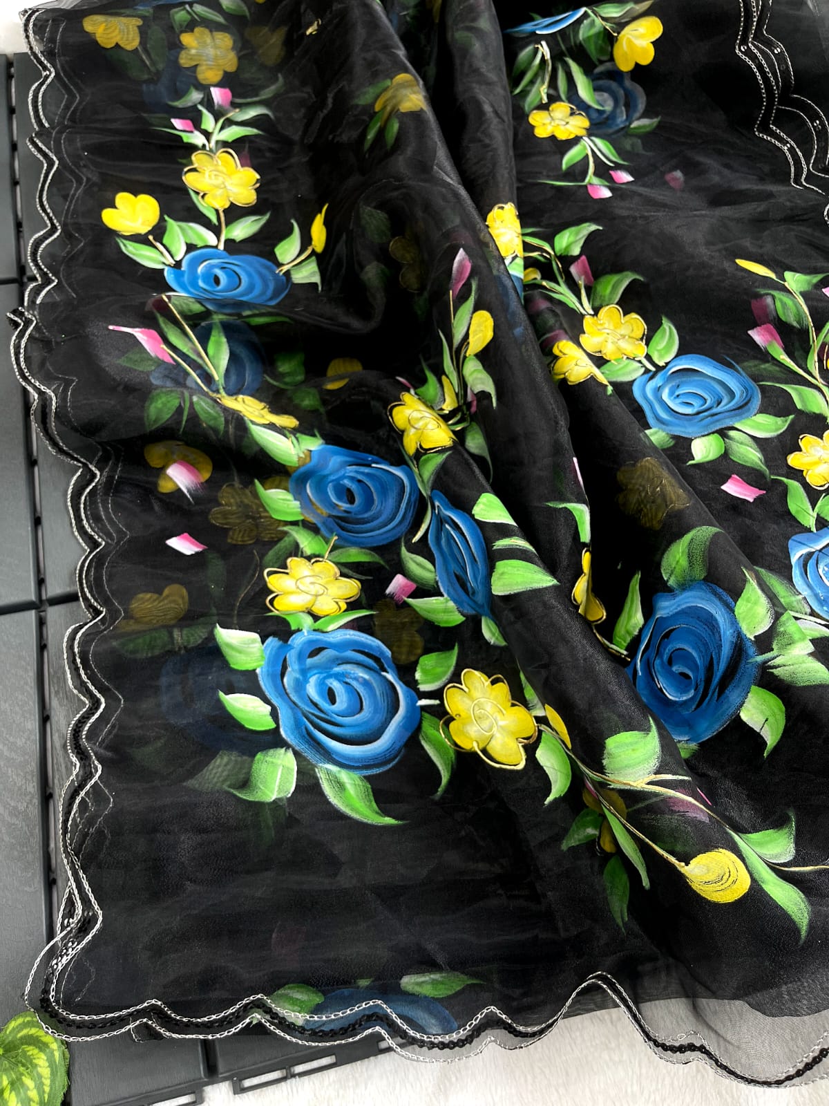 Trendy Black Color Organza Flower Print Saree