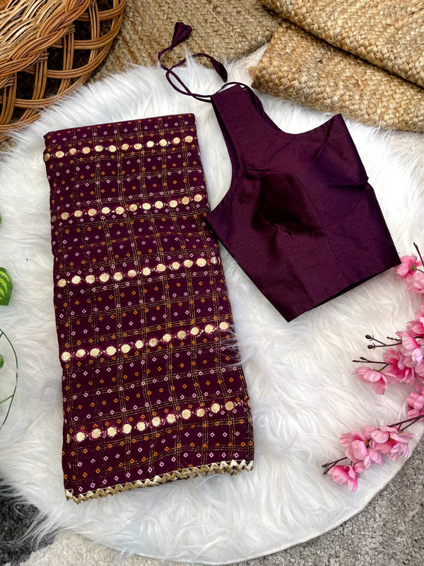 Function Wear Foil Mirror Work Wine Color Saree