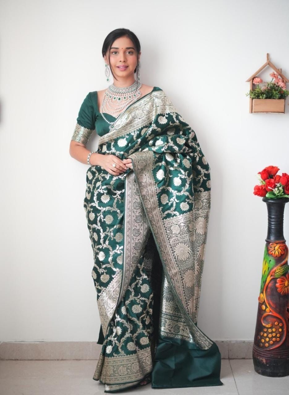 Banarasi Silk Silver Border Green Ready To Wear Saree