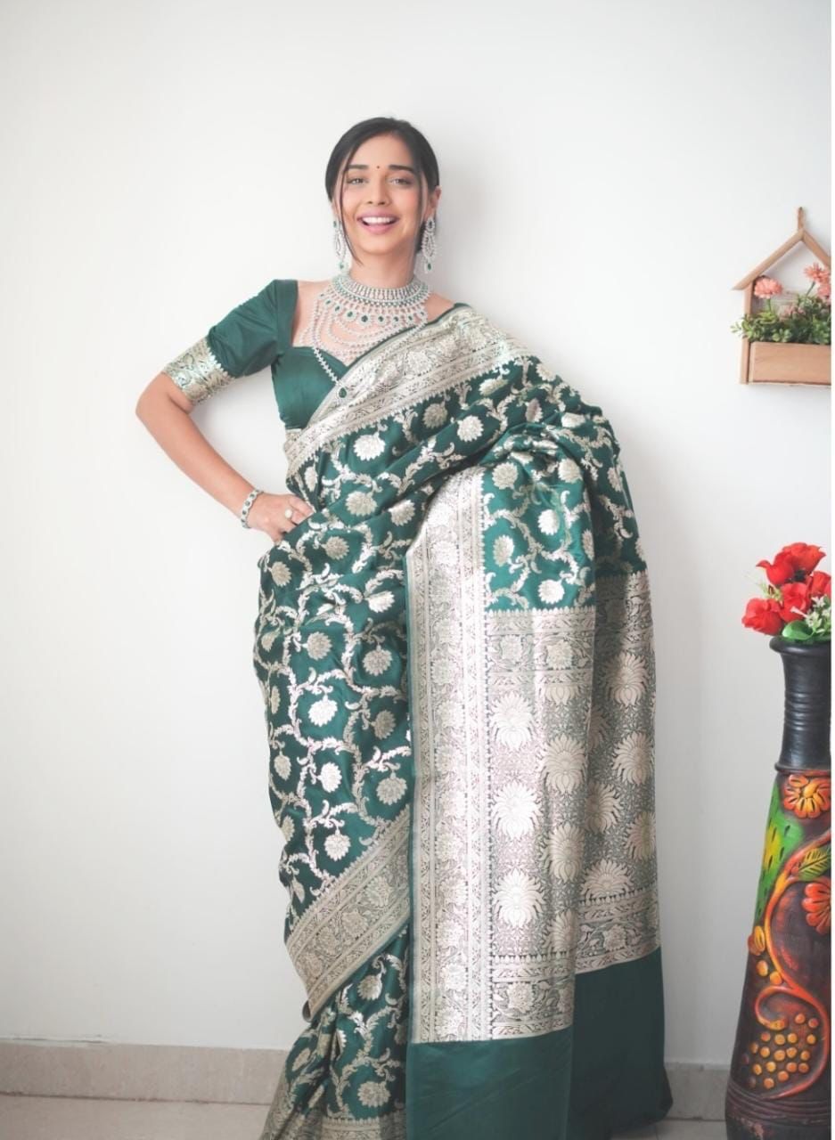 Banarasi Silk Silver Border Green Ready To Wear Saree