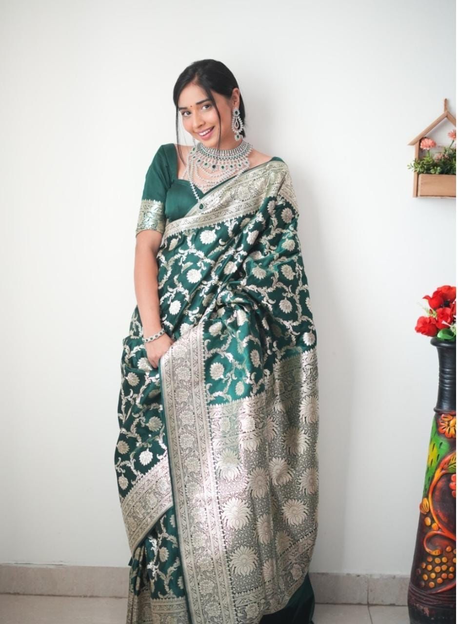 Banarasi Silk Silver Border Green Ready To Wear Saree