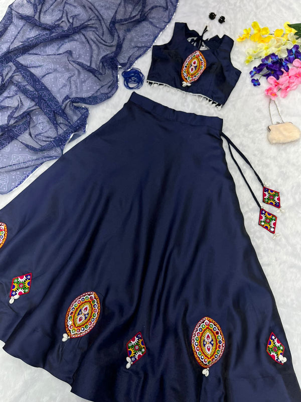Navratri Wear Thread Work Navy Blue Color Lehenga Choli