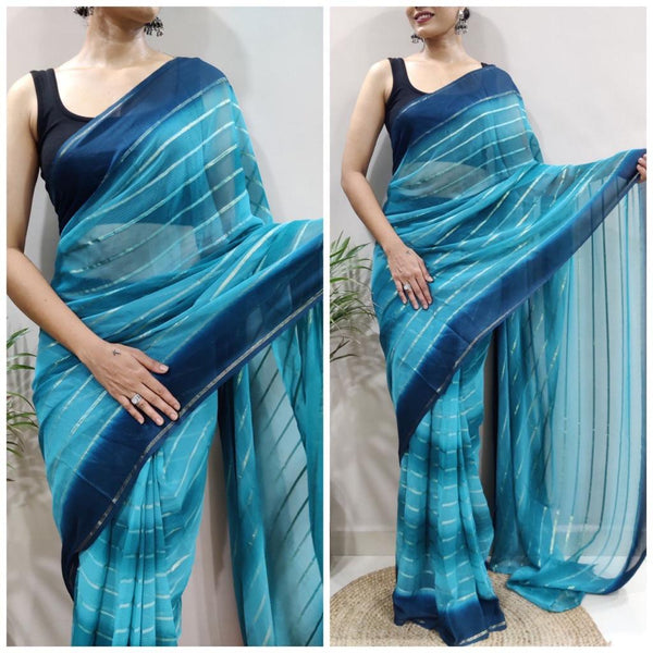 Sky Blue Color Striped Print Ready To Wear Saree