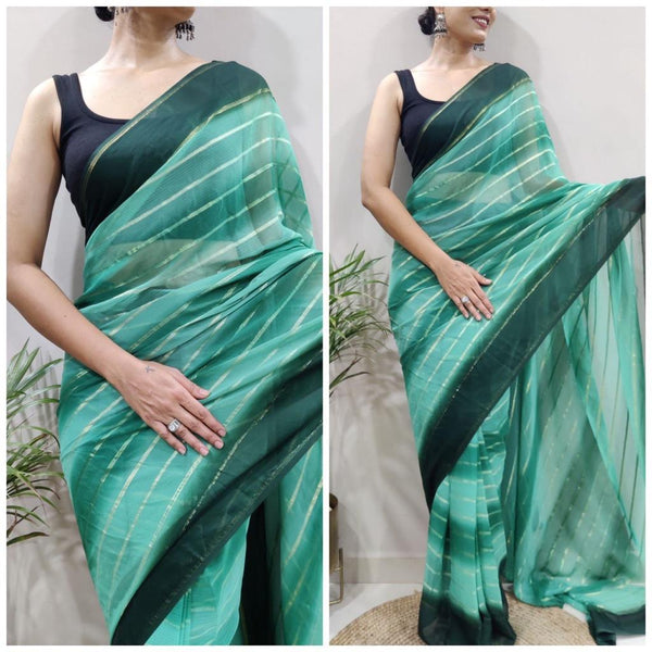 Green Color Striped Print Ready To Wear Saree