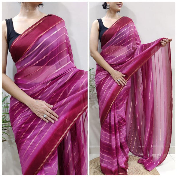 Pink Color Striped Print Ready To Wear Saree