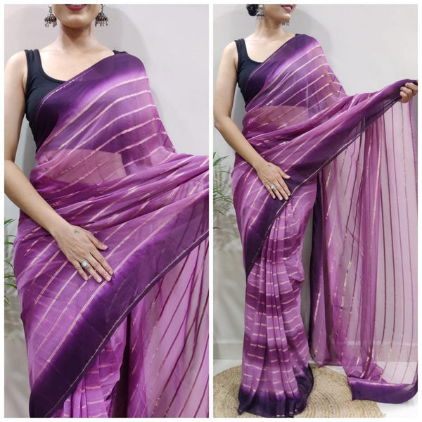 Purple Color Striped Print Ready To Wear Saree