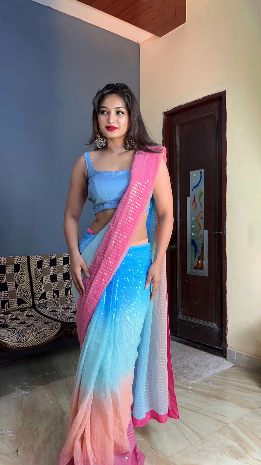 Ready To Wear Multi Color Sequence Work Saree