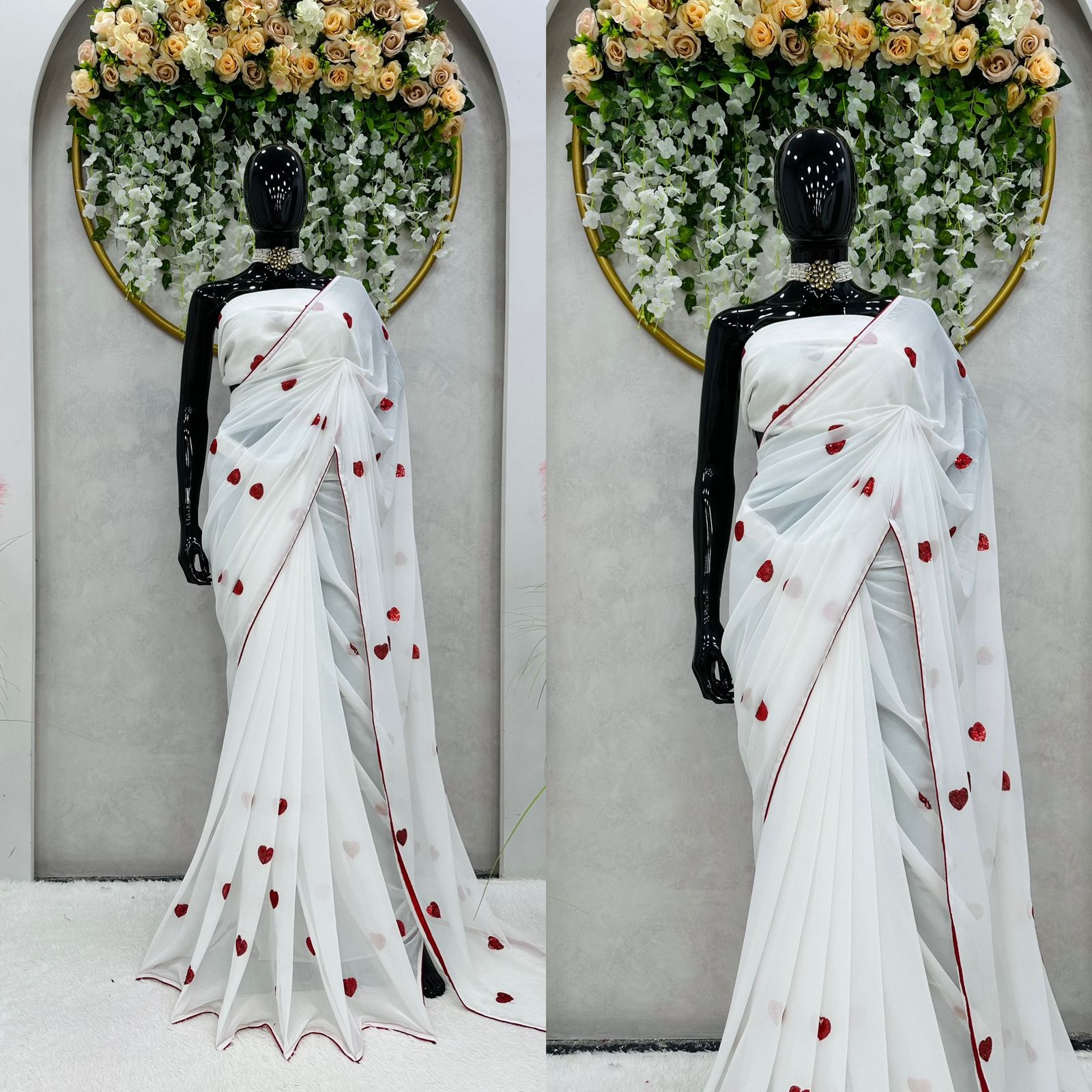 Sequence Heart Shape Work White Ready To Wear Saree