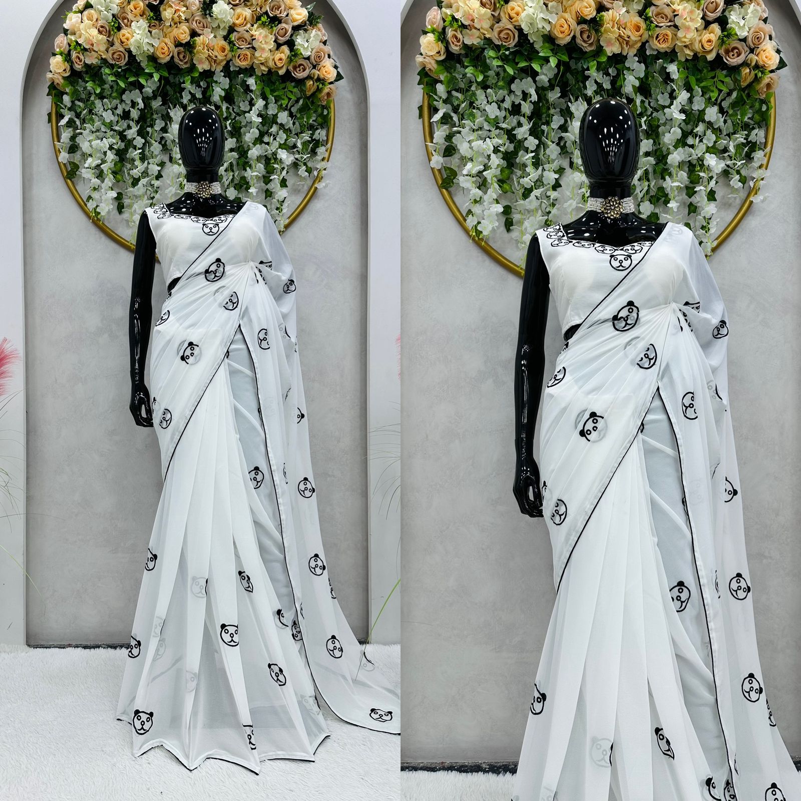 White Color Panda Design Ready To Wear Saree