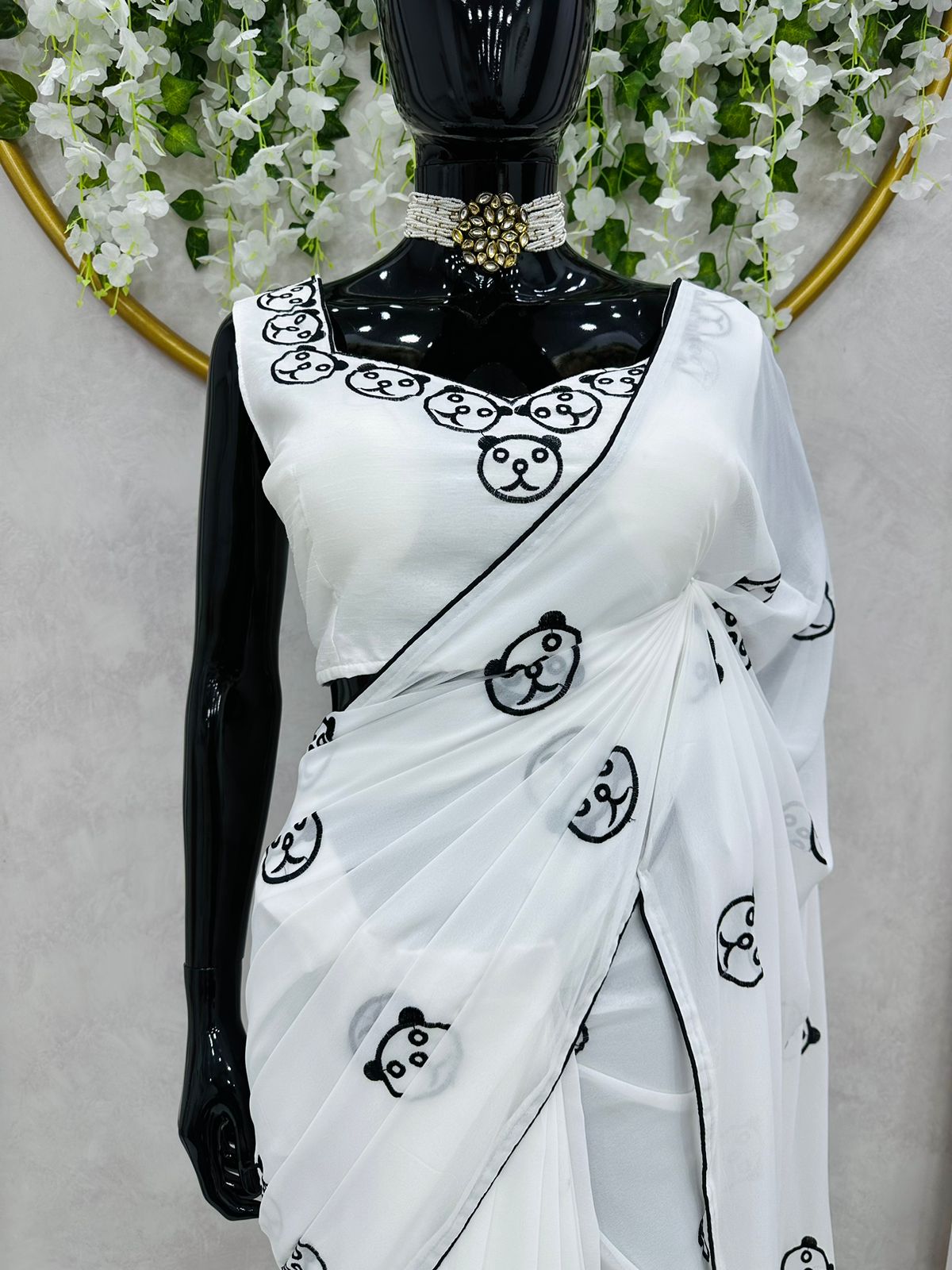 White Color Panda Design Ready To Wear Saree